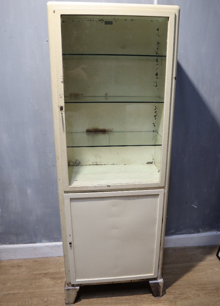 Vintage metalen dokterskast, Huis en Inrichting, Minder dan 50 cm, Ophalen of Verzenden, Glas, 150 tot 200 cm
