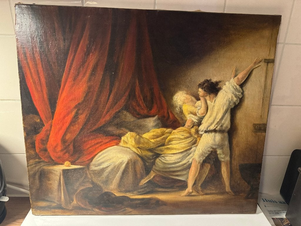 Olieverfschilderij met crackelure - Romantische scène, Ophalen, Gesigneerd, Doek, Portret of Personen