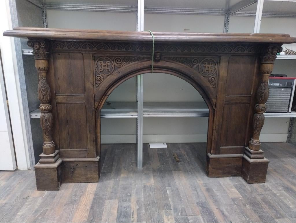 Museale 17e-eeuwse Friese Schouw – Massief Eiken – 202 cm, Ophalen, Vrijstaande haard, Houthaard
