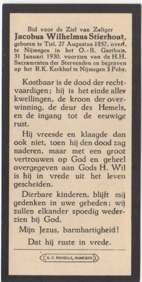 Jacobus Stierhout 1857 Tiel + 1930 Nijmegen, 72 jaar oud, Ophalen of Verzenden