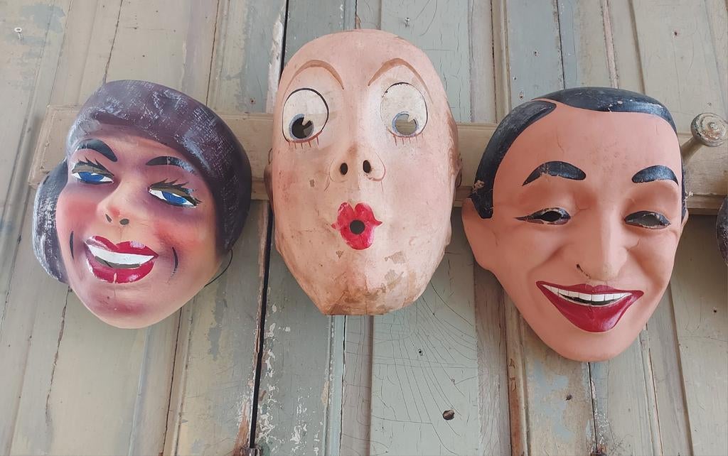 Antieke Franse papier-maché maskers,3 x masker gemerkt, Antiek en Kunst, Ophalen of Verzenden