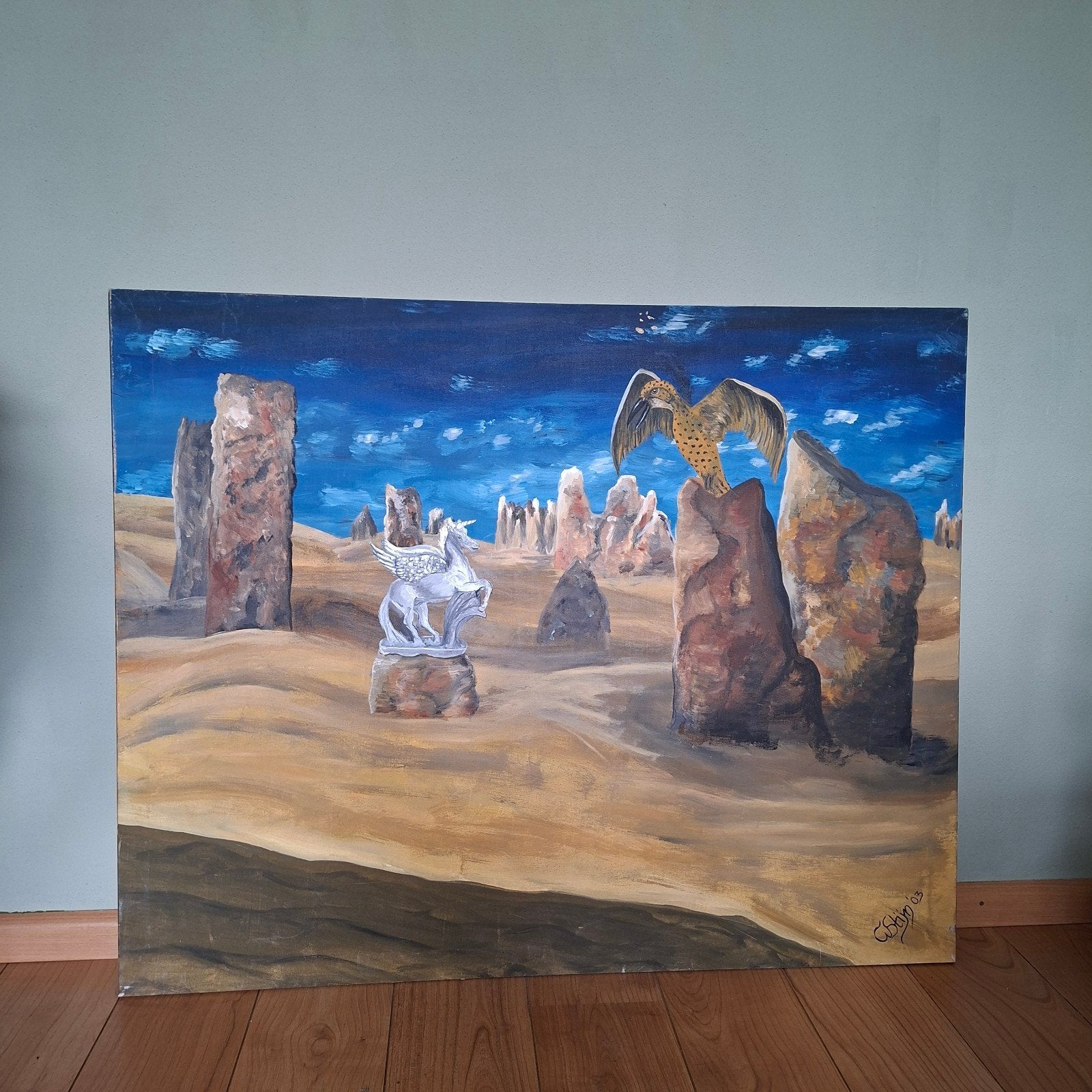 Schilderij Pegasus in de woestijn, Ophalen of Verzenden
