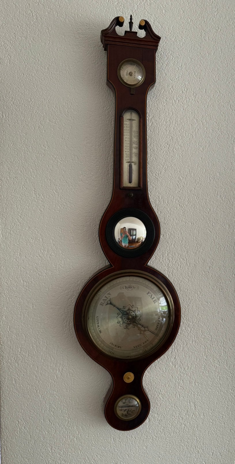 Antieke Engelse Wheel Barometer in mahonie, Audio, Tv en Foto, Weerstations en Barometers, Ophalen, Gebruikt, Onbekend, Onbekend