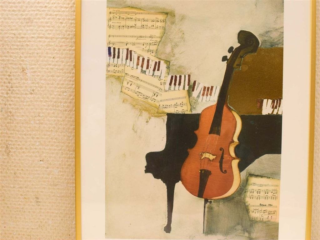 Prent van muziekinstrumenten met notenbalken 51484, Ophalen of Verzenden