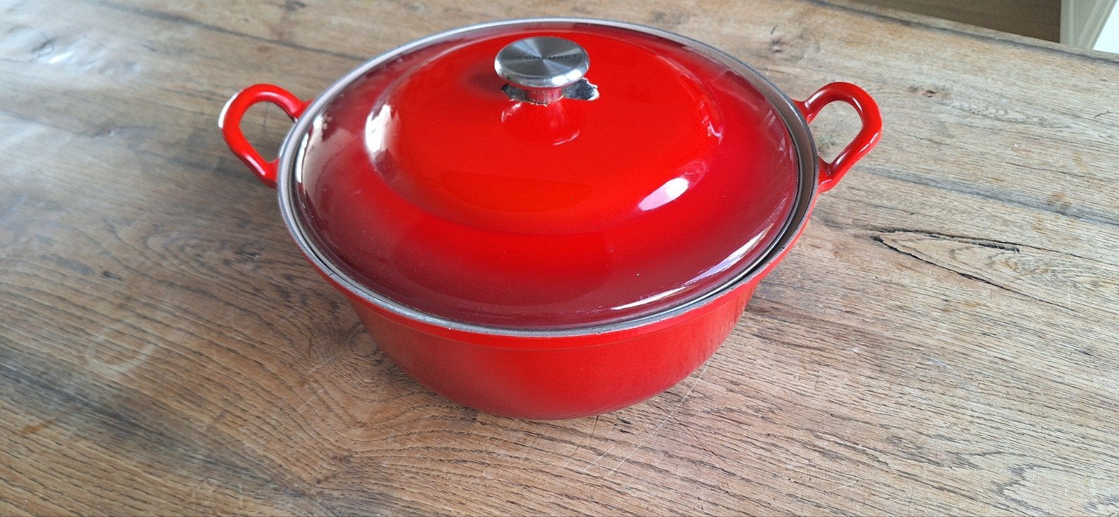 Le Creuset Braadpan 32 cm - beschadigd dekselknop, Gebruikt, Met deksel, Le Creuset, Ophalen of Verzenden