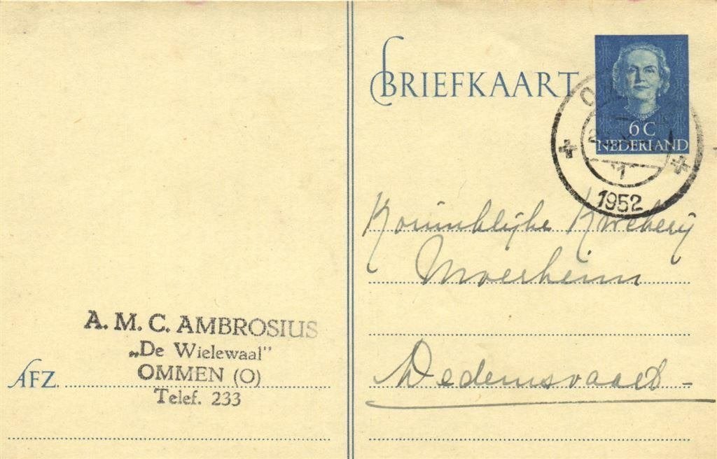 De Wielewaal, Ommen [O] - 10.1952 - briefkaart, Ophalen of Verzenden, Briefkaart