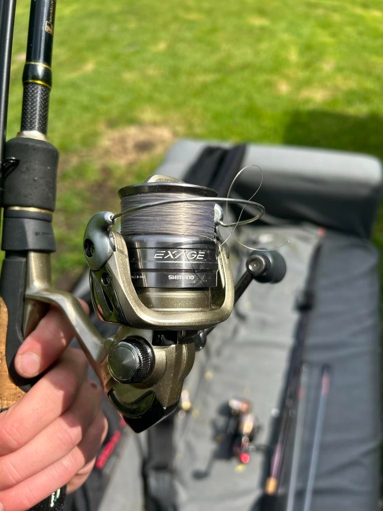 Hengelset met molen en foedraal - Shimano Exage, Watersport en Boten, Hengelsport | Algemeen, Ophalen, Zo goed als nieuw, Complete hengel