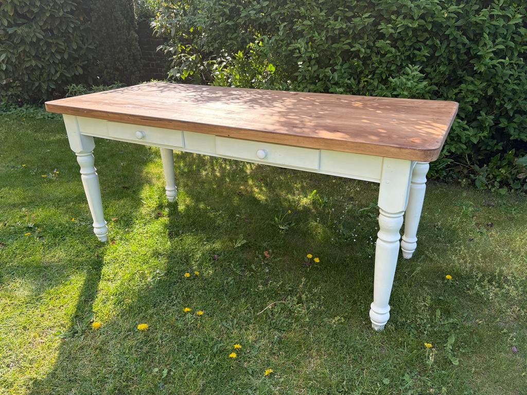 Houten tafel met wit onderstel en gedraaide poten, Ophalen, Gebruikt, 50 tot 100 cm, Vijf personen of meer