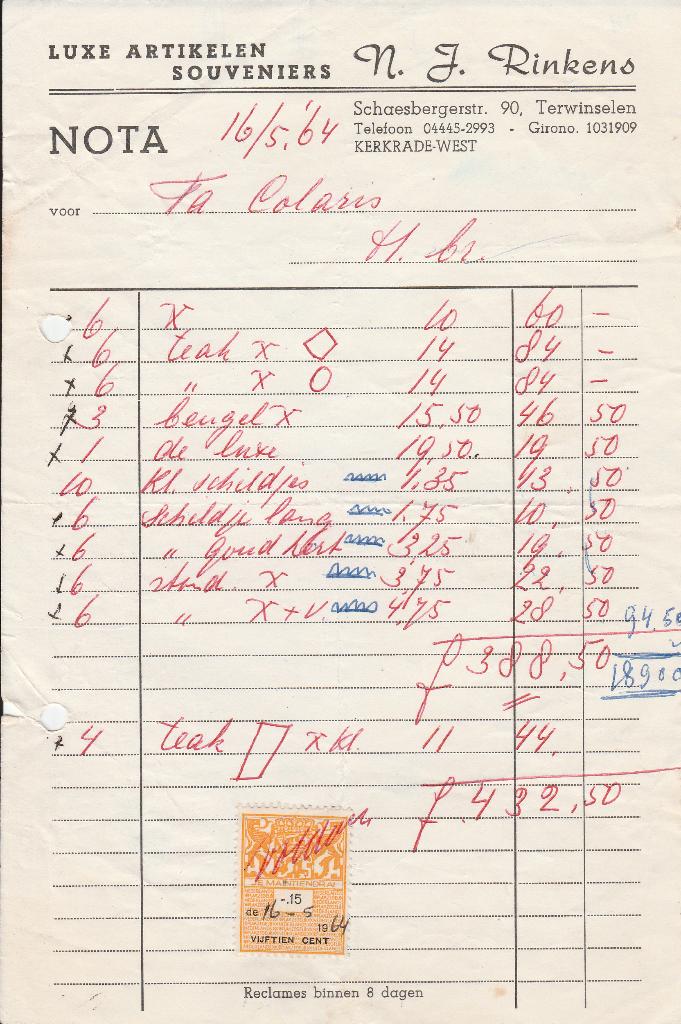 TERWINSELEN 1964 Kwitantie NJ. RINKENS Schaesbergerstr.90, Verzenden, Voor 1920