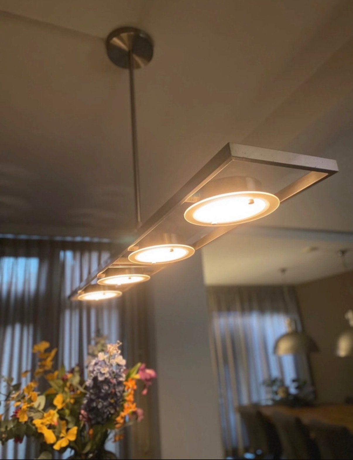 Moderne hanglamp met 4 spots, Ophalen, Zo goed als nieuw, Metaal, Overige fittingen