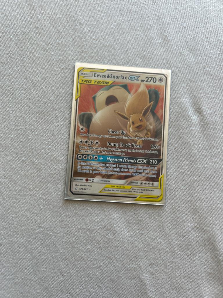 Pokémon Kaart: Eevee & Snorlax GX TAG TEAM (120/181), Ophalen of Verzenden, Zo goed als nieuw, Losse kaart