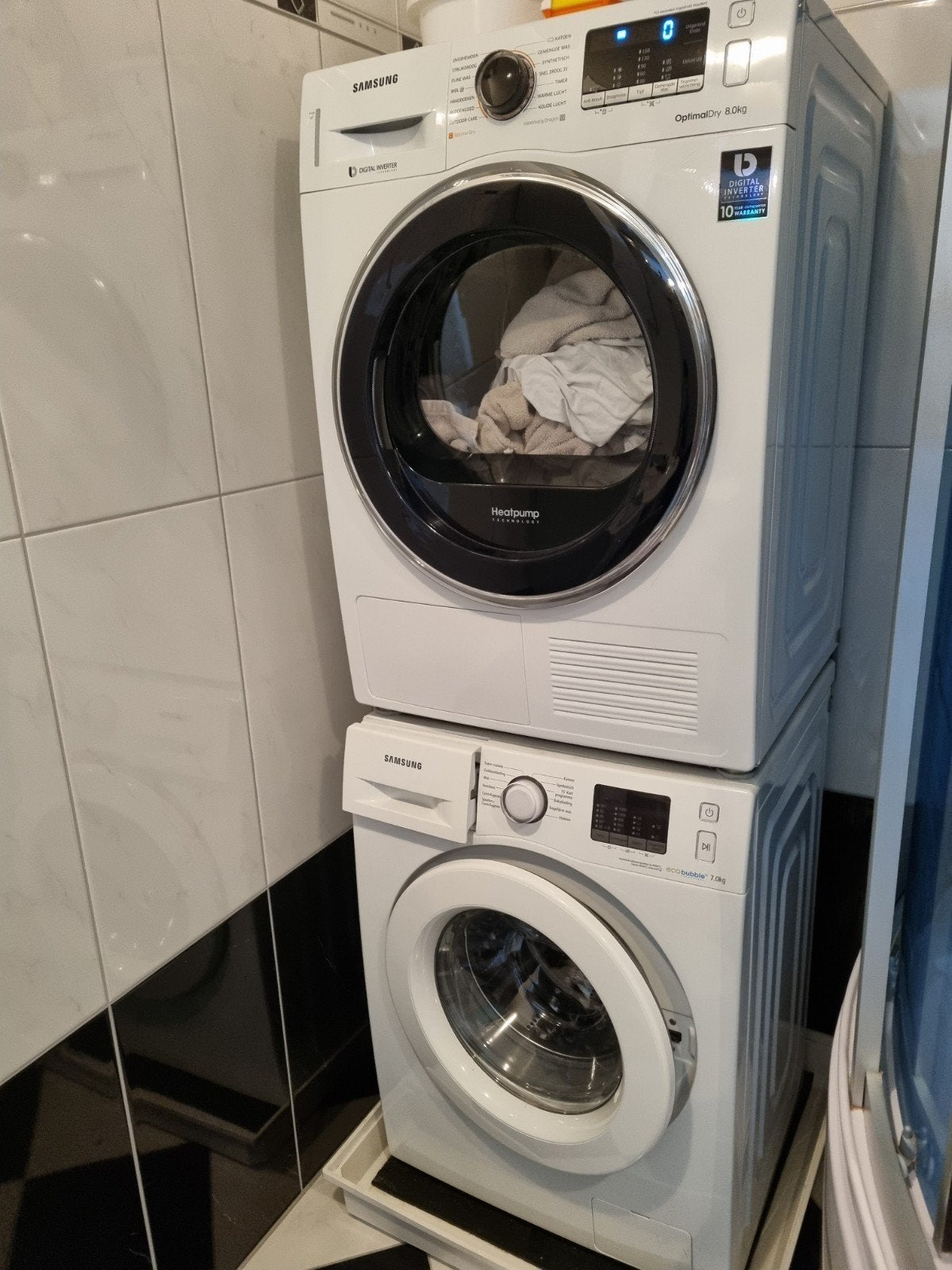 TE KOOP NETTE SET SAMSUNG WASMACHINE/WARMTEPOMP DROGER, Witgoed en Apparatuur, 6 tot 8 kg, Ophalen, Zo goed als nieuw, 85 tot 90 cm