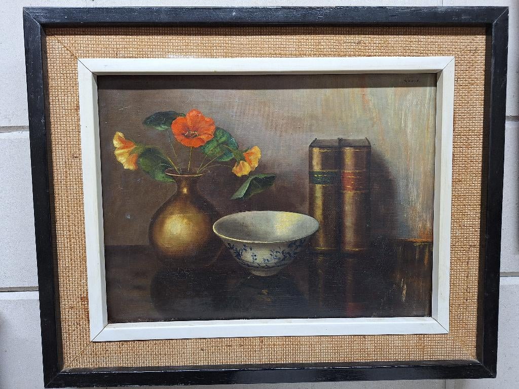 Stilleven met een Vaas met bloemen en div, Antiek en Kunst, Ophalen of Verzenden