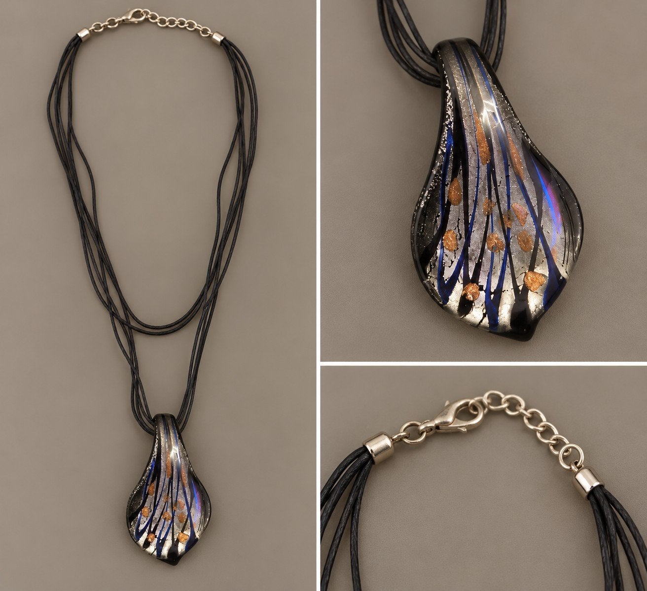 Ketting met zwarte koorden en glanzende druppelhanger, Ophalen of Verzenden, Zilver, Overige materialen