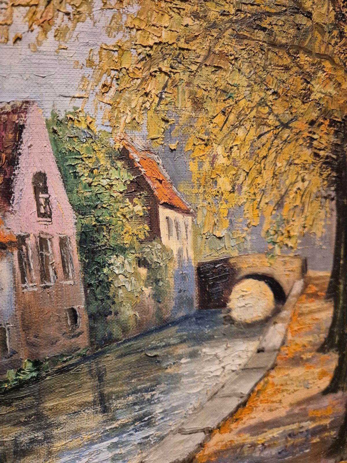 Antiek klassiek, prachtig stadsgezicht Brugge, Antiek en Kunst, Doek, Ophalen of Verzenden, Bijzondere lijst, Olieverf