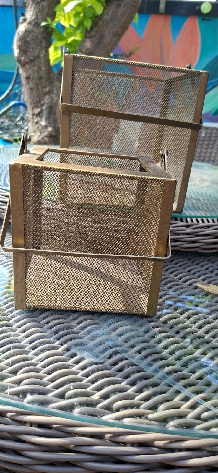 Set van 2 gouden windlichten - sfeervolle decoratie, Gebruikt, Overige kleuren, Ophalen of Verzenden, Metaal