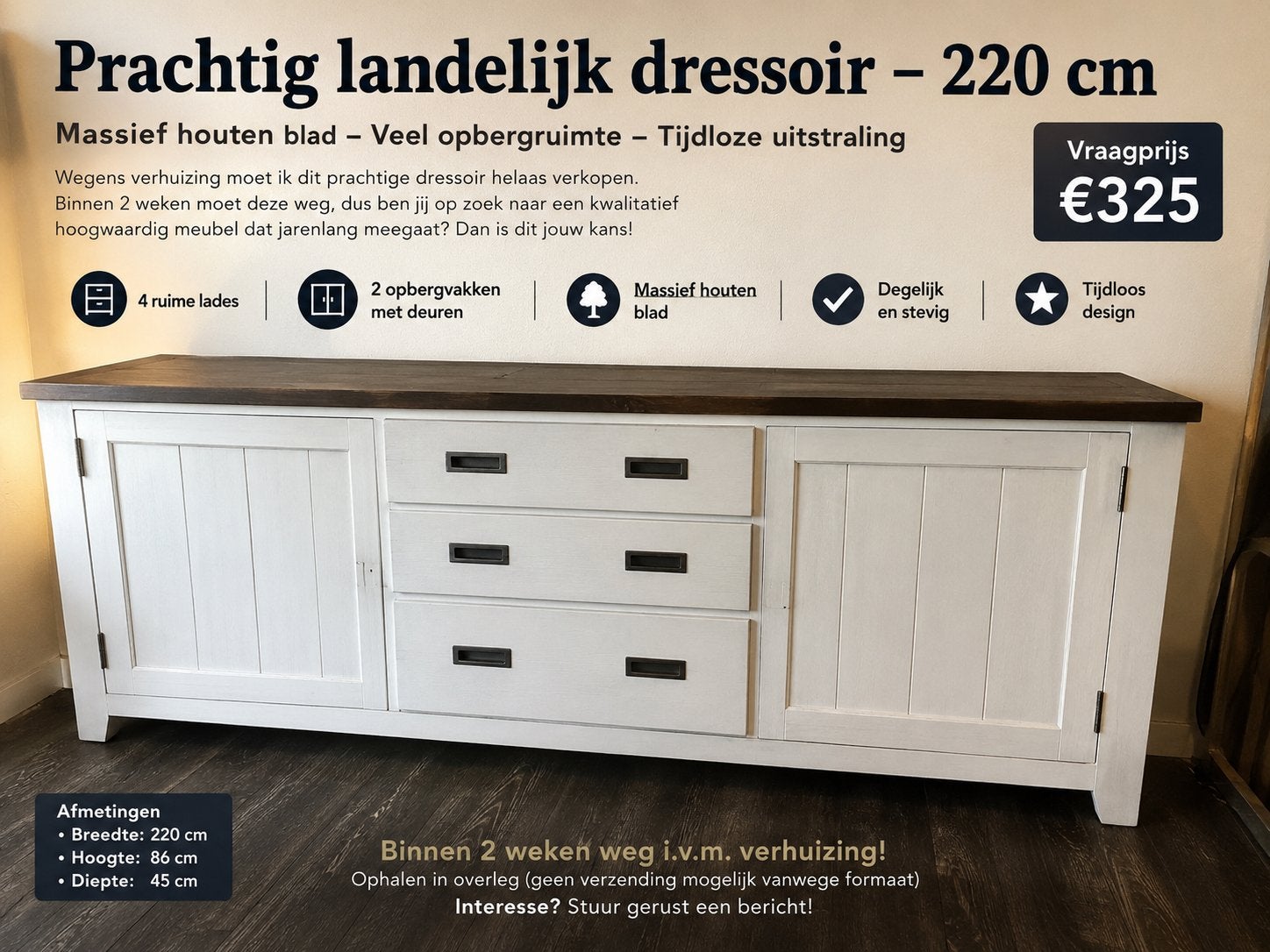 Prachtig landelijk dressoir / TV-meubel 220 cm, Ophalen, Zo goed als nieuw, 200 cm of meer, 25 tot 50 cm