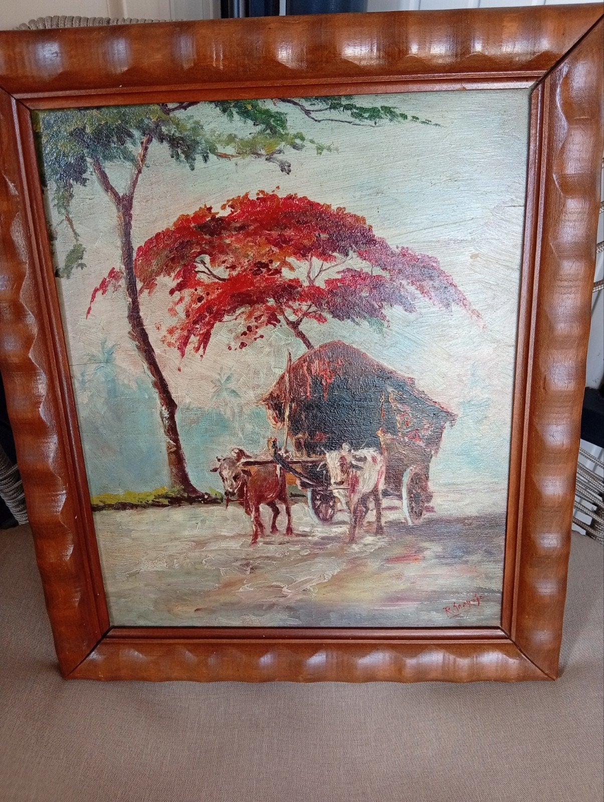 Oud schilderij met ossenkar en rode boom, Doek, Realistisch, Ophalen of Verzenden, Landschap