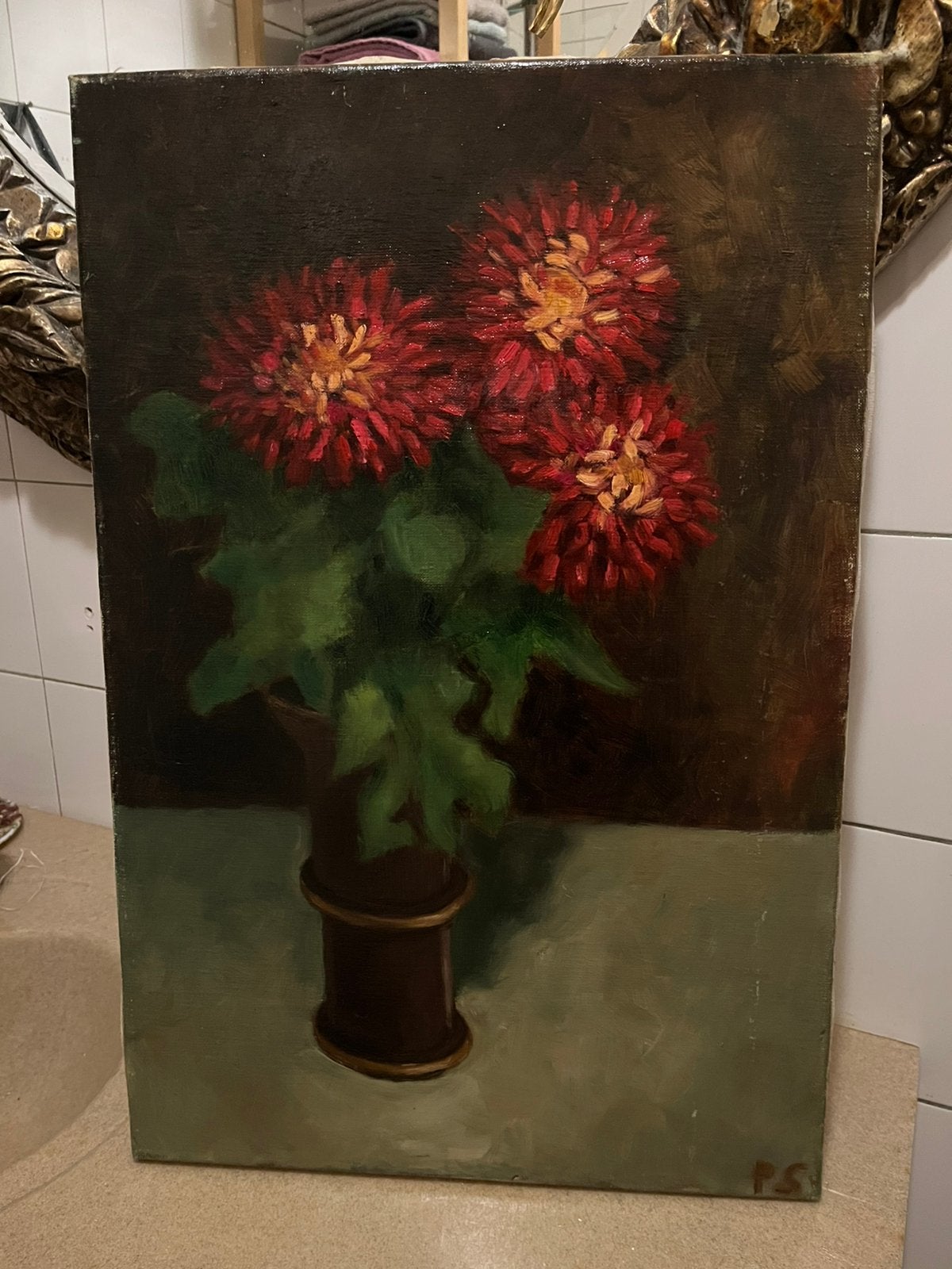 Prachtig olieverf bloemen stilleven schilderij, Ophalen