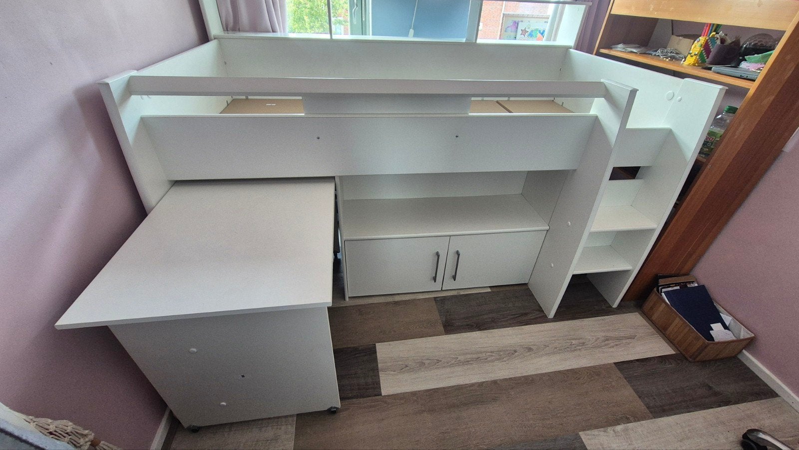 Eenpersoons hoogslaper met uitschuifbaar buro en opbergruim, Ophalen, Gebruikt, 100 cm of meer, Hoogslaper of Stapelbed