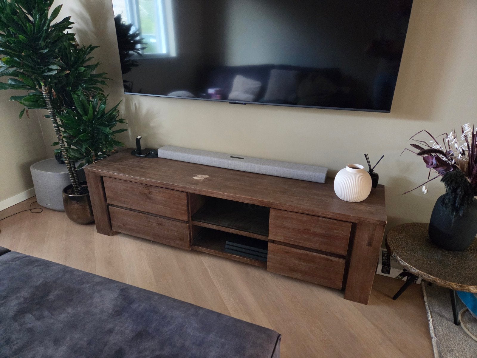 Massief houten TV-meubel 180 cm – 4 laden – donker hout, Ophalen, Gebruikt, 150 tot 200 cm, Minder dan 100 cm