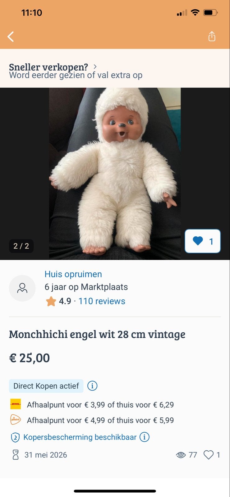 Vintage Monchhichi Engel Wit 28 cm, Ophalen of Verzenden, Zo goed als nieuw, Overige typen