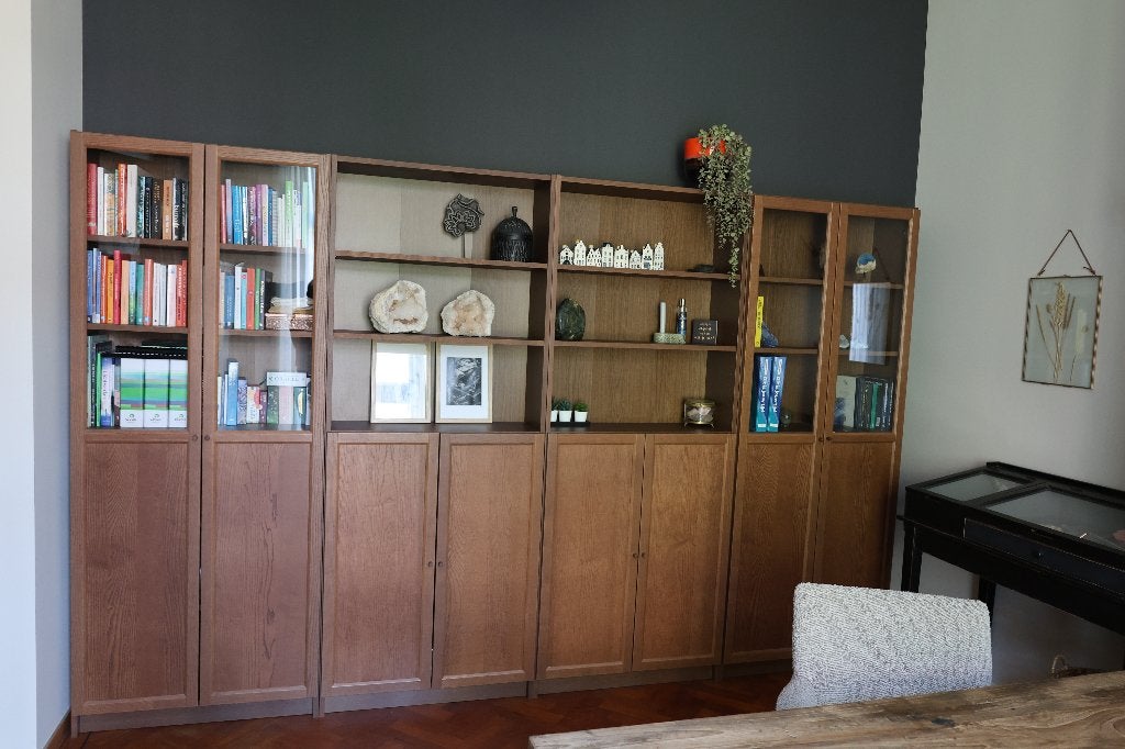 Billy/Oxberg boekenkasten bruin essenfineer, Huis en Inrichting, Kasten | Boekenkasten, Ophalen, 200 cm of meer, Gebruikt, Met deur(en)