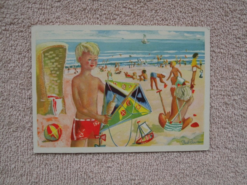 Vintage Kinderpostzegel Ansichtkaart Strand Zomer Jaren '50, Ophalen of Verzenden, 1940 tot 1960, Ongelopen, Kinderen