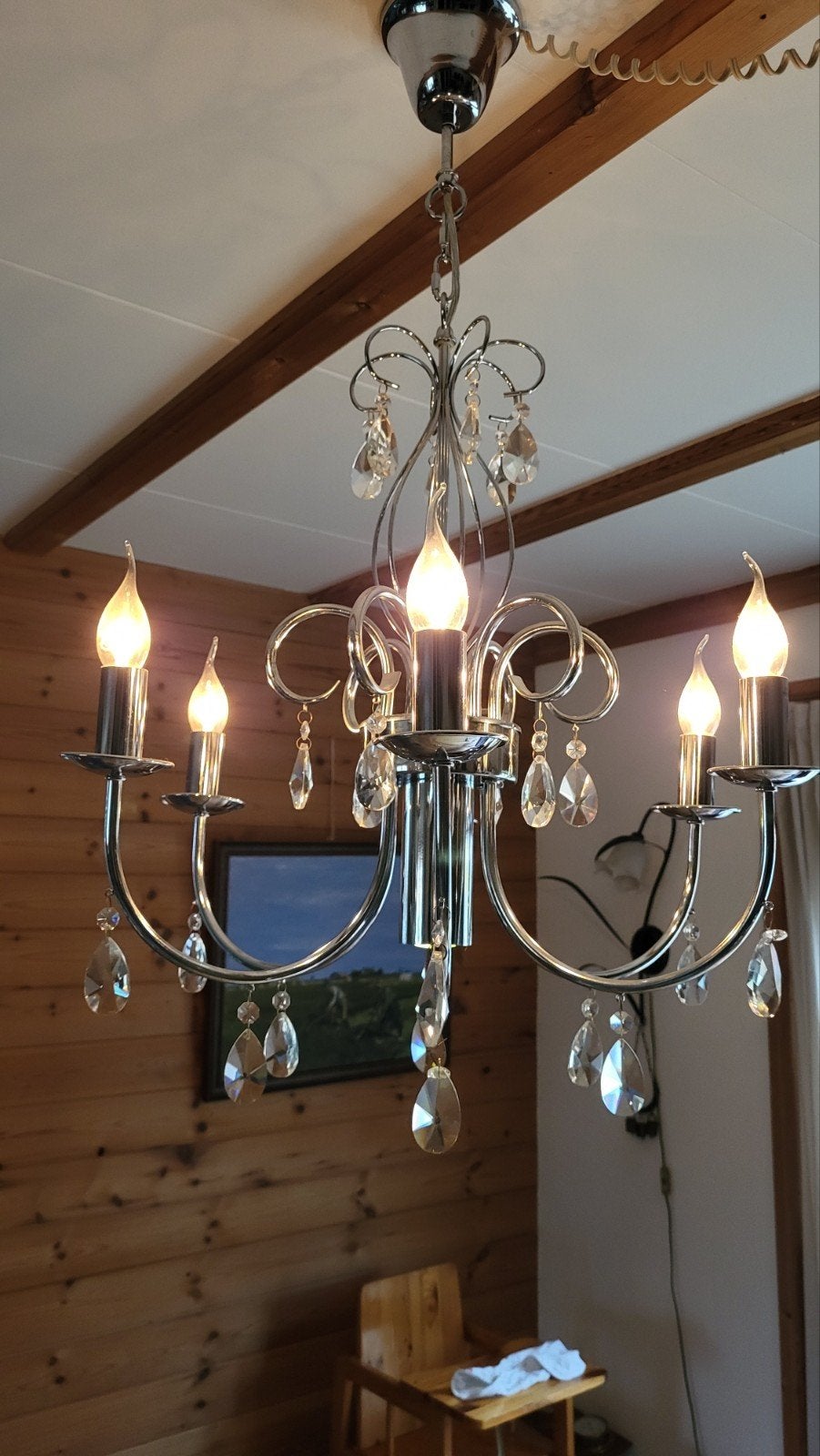 Elegante Kroonluchter met Kristallen Hangers, Ophalen, E14 (klein), Zo goed als nieuw, Glas