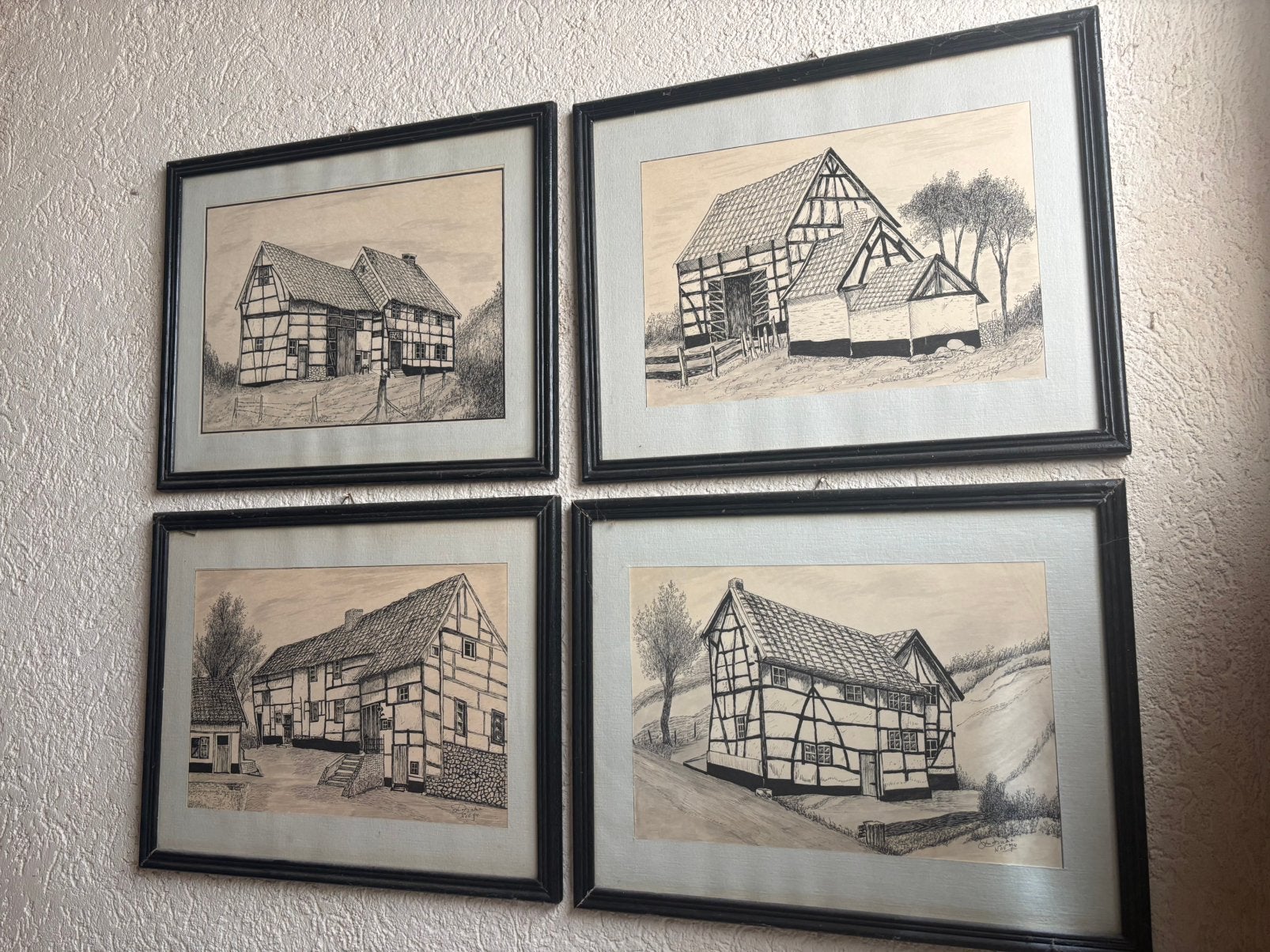 Vier pentekeningen in lijst, Antiek en Kunst, Ophalen