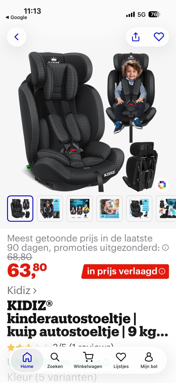 Kidiz kinderautostoel NIEUW., Kinderen en Baby's, Autostoeltjes, Autogordel of Isofix, Nieuw, 0 t/m 13 kg, Ophalen