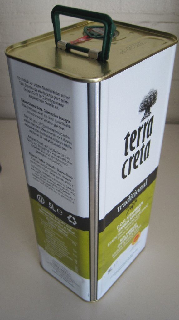 Twee lege blikken Griekse olijfolie van 5 liter, Ophalen of Verzenden, Gebruikt, Overige, Overige merken