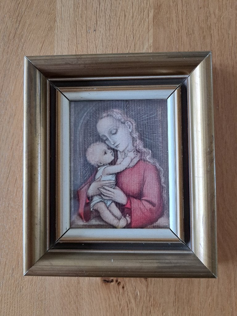 schilderijtje Maria met kindje Jezus uit 1950, Antiek en Kunst, Kunst | Schilderijen | Klassiek, Ophalen of Verzenden