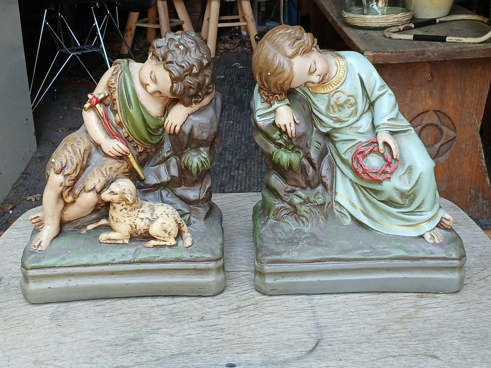 Set van 2 antieke religieuze beelden:, Ophalen of Verzenden