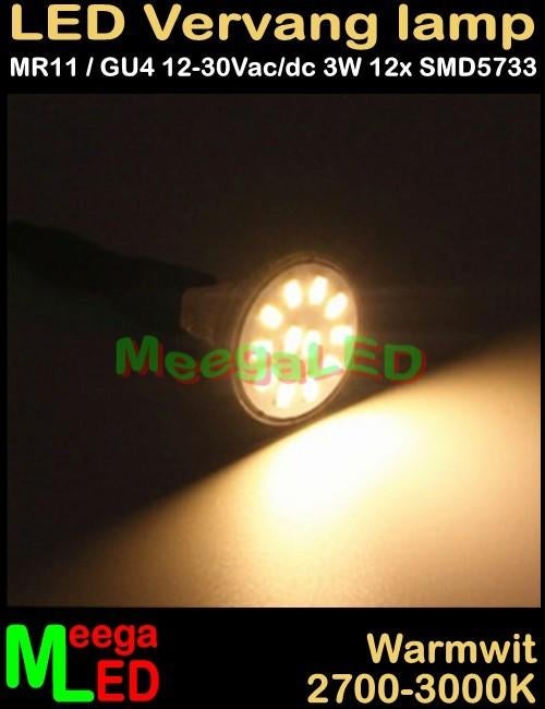 Boot LED MR11 GU4 LEDspot LEDlamp 3W - 12SMD5733 - Warmwit, Ophalen of Verzenden, Nieuw, Binnenverlichting
