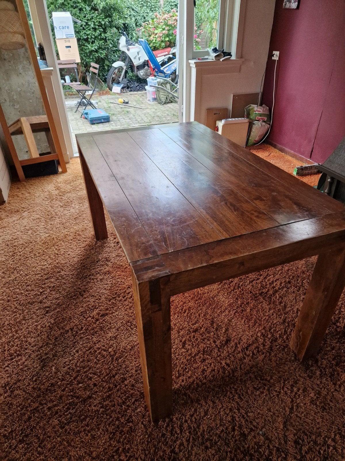 Robuuste houten eettafel - Gebruikt, Ophalen, Gebruikt, 100 tot 150 cm, 50 tot 100 cm