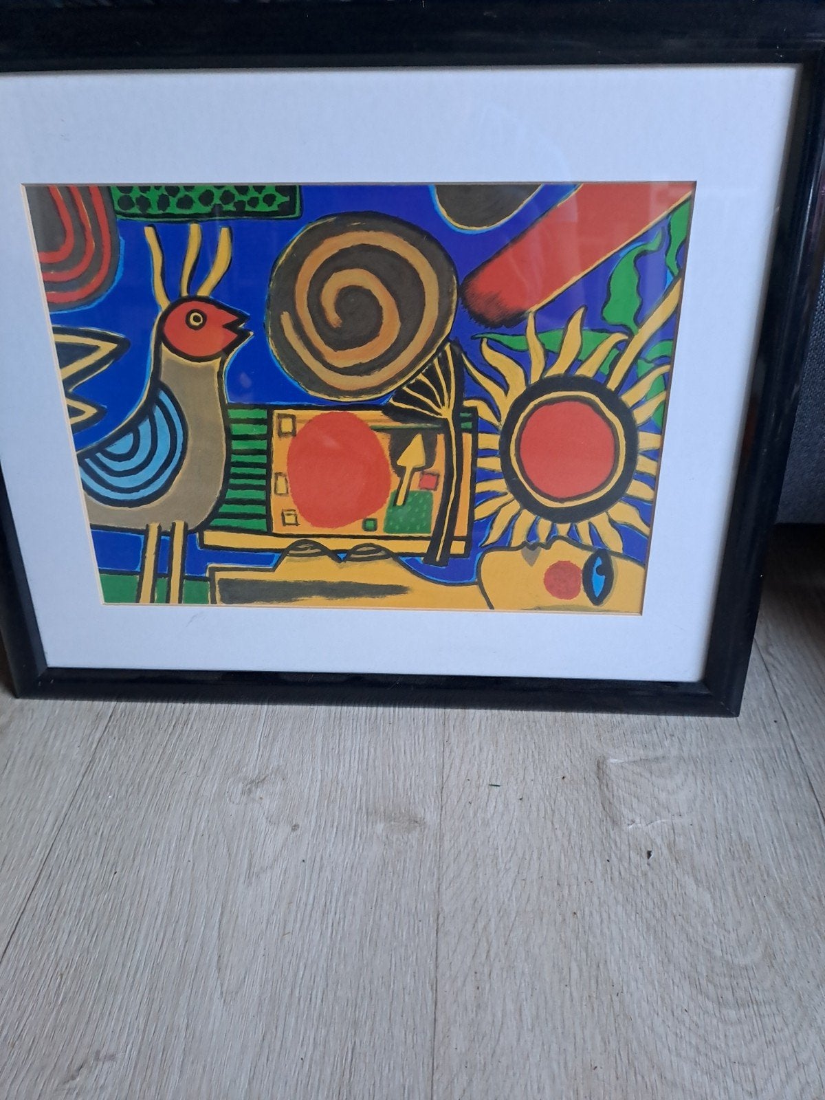 Abstracte vogel en zon schildering in lijst, Ophalen, Abstract, Acrylverf, Papier/karton