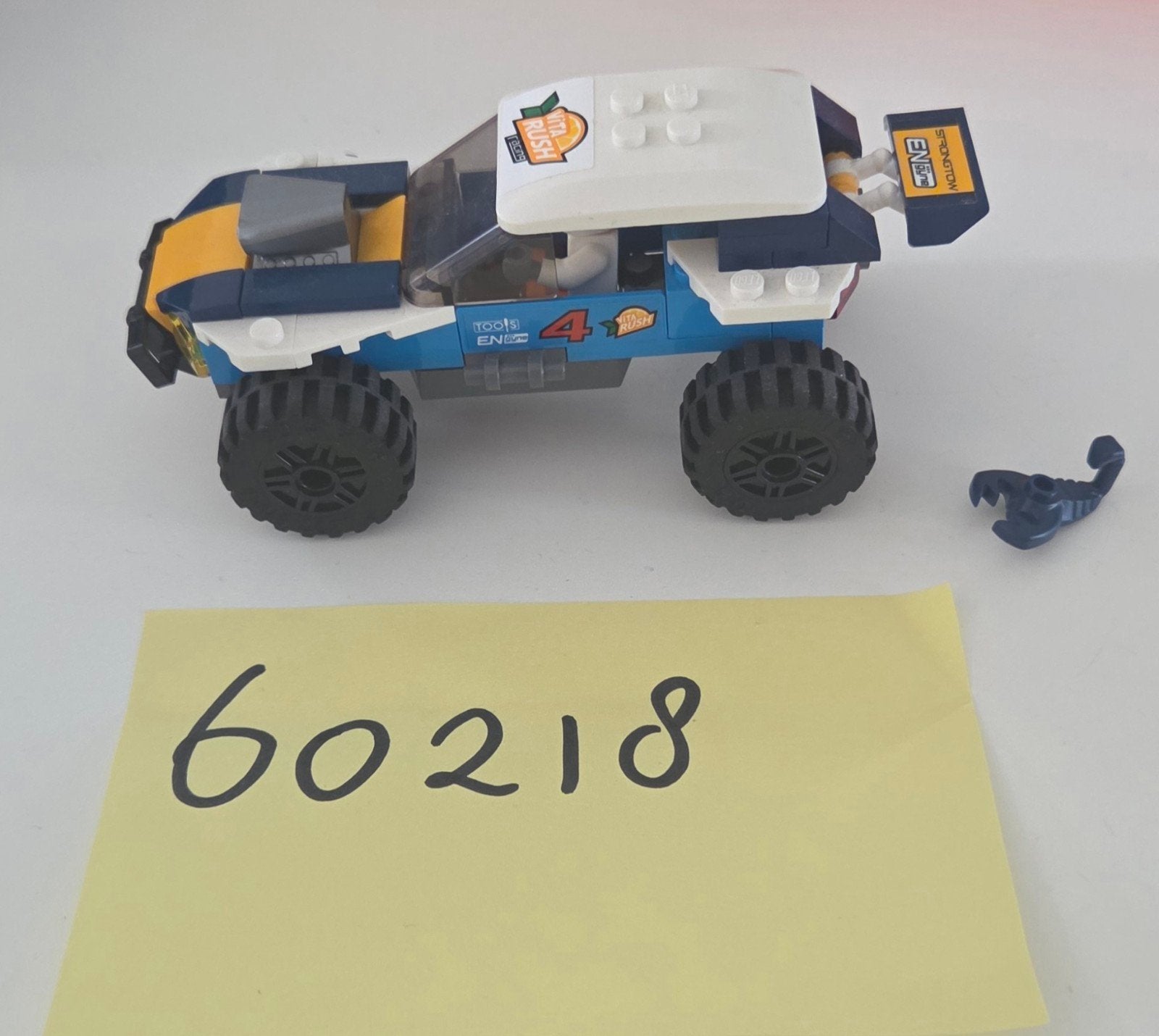 LEGO City Rallywagen 60218 met schorpioen, Ophalen of Verzenden, Gebruikt, Overige merken
