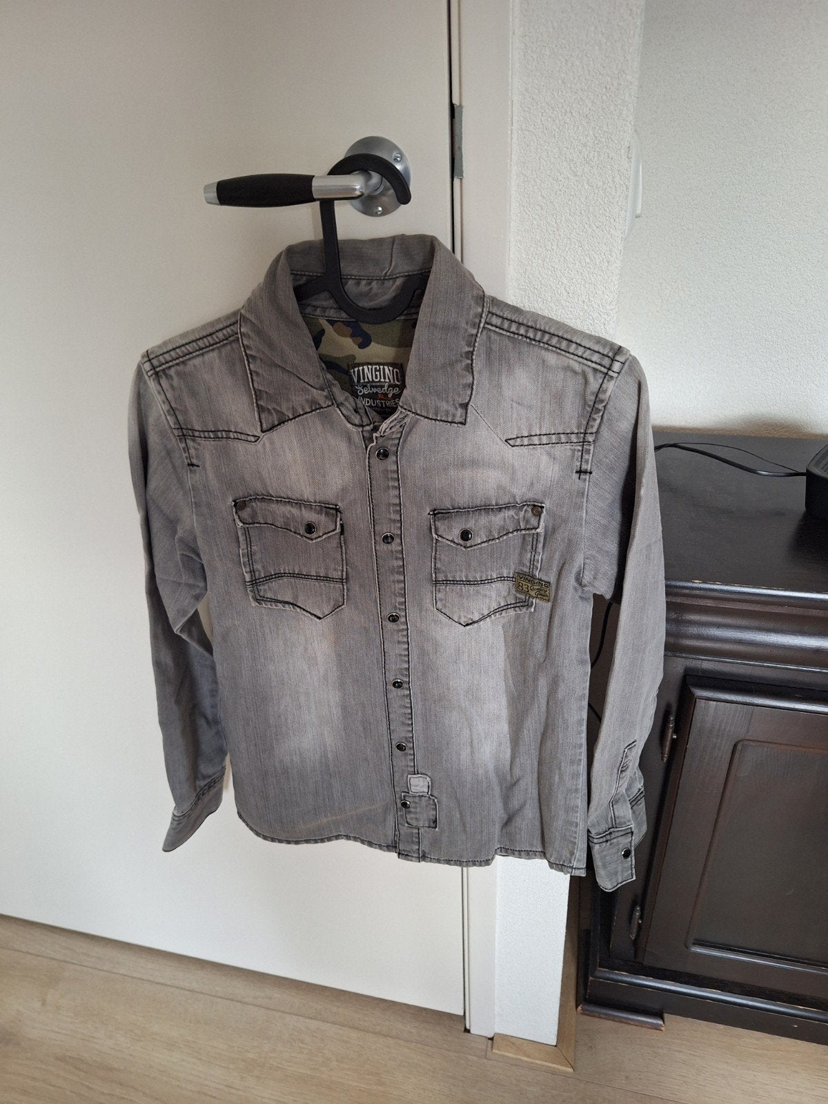 Vingino spijkerblouse grijs - Stoere denim look, maat 140, Ophalen of Verzenden, Gebruikt, Vingino, Jongen of Meisje
