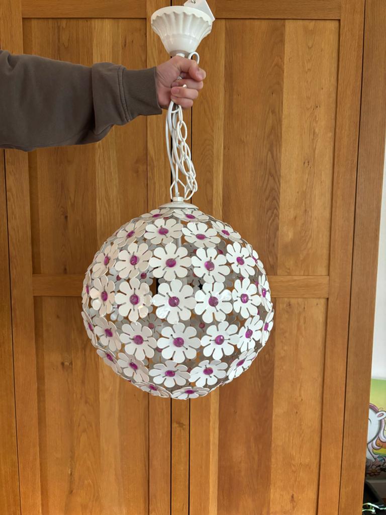 Bloemen hanglamp - Wit met paarse details, Ophalen, Zo goed als nieuw, Metaal, Minder dan 50 cm