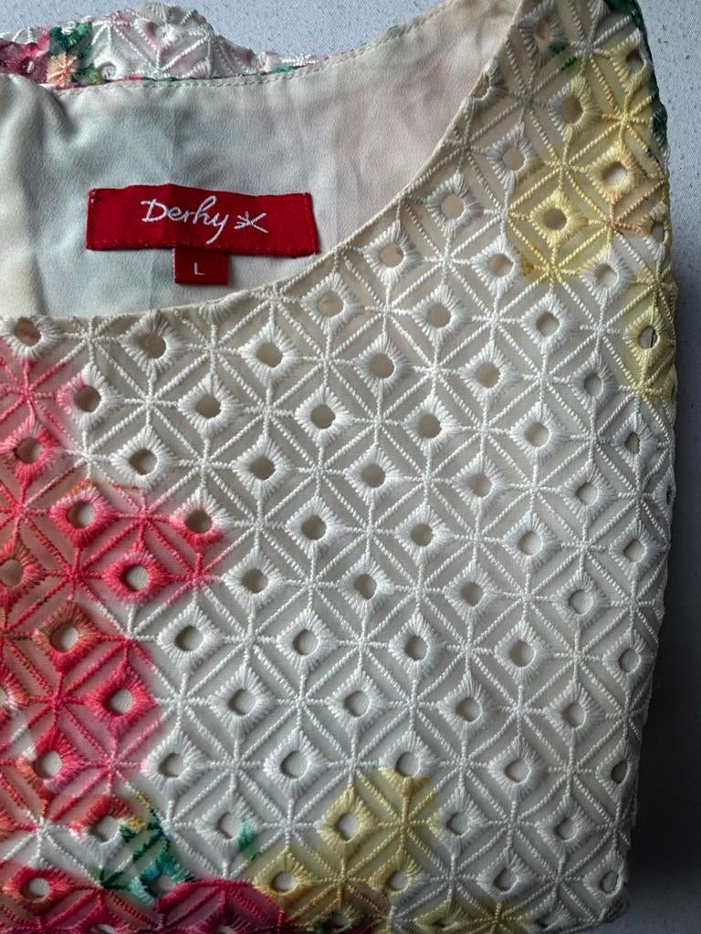Derhy zomerjurk met bloemenprint en opengewerkt patroon, Overige kleuren, Maat 42/44 (L), Ophalen of Verzenden, Zo goed als nieuw