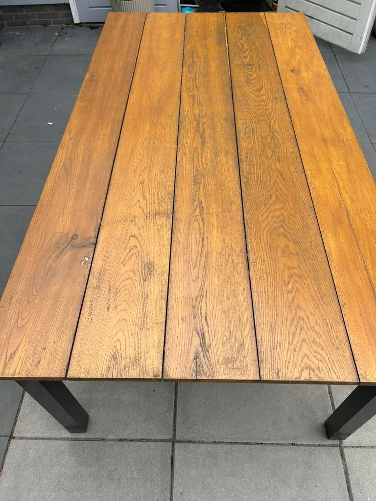 Leuke tuintafel, eiken blad met aluminium onderstel., Tuin en Terras, Tuintafels, Gebruikt, Rechthoekig, Hout, Ophalen
