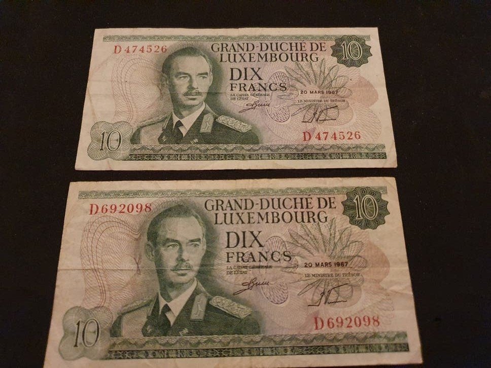 2x 10 Frank Luxemburg 1967 - Zeldzame Bankbiljetten, Ophalen of Verzenden