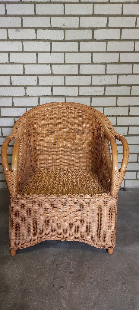 Rieten Fauteuil Honingkleur Rotan Stoel + Dubbelkussen, Huis en Inrichting, Ophalen, Overige materialen, Minder dan 50 cm, Gebruikt