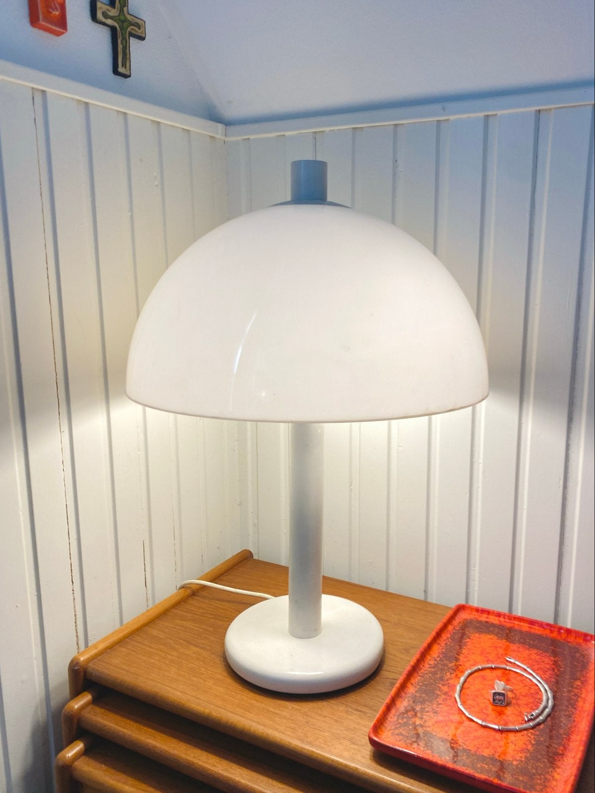 Vintage jaren 70 Dijkstra Mushroom tafellamp wit kunststof, Huis en Inrichting, Lampen | Tafellampen, 57 cm, Overige merken, Vintage