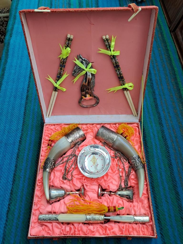 Vintage Georgische drinkhoorns set in doos, Antiek en Kunst, Ophalen of Verzenden