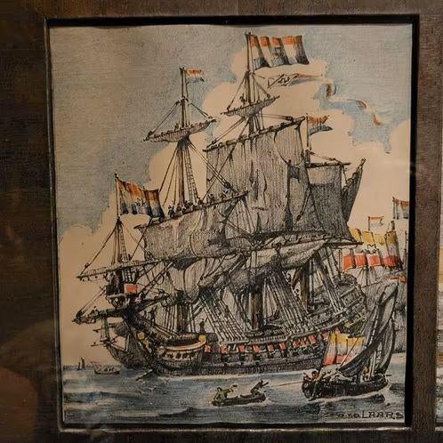 3 x schepen in oude lijst, Antiek en Kunst, Ophalen of Verzenden