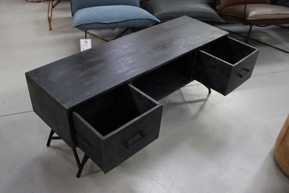 Zwart tv-meubel dressoir TOM mangohout 130 cm. met lade, 100 tot 150 cm, Nieuw, Minder dan 100 cm, 25 tot 50 cm