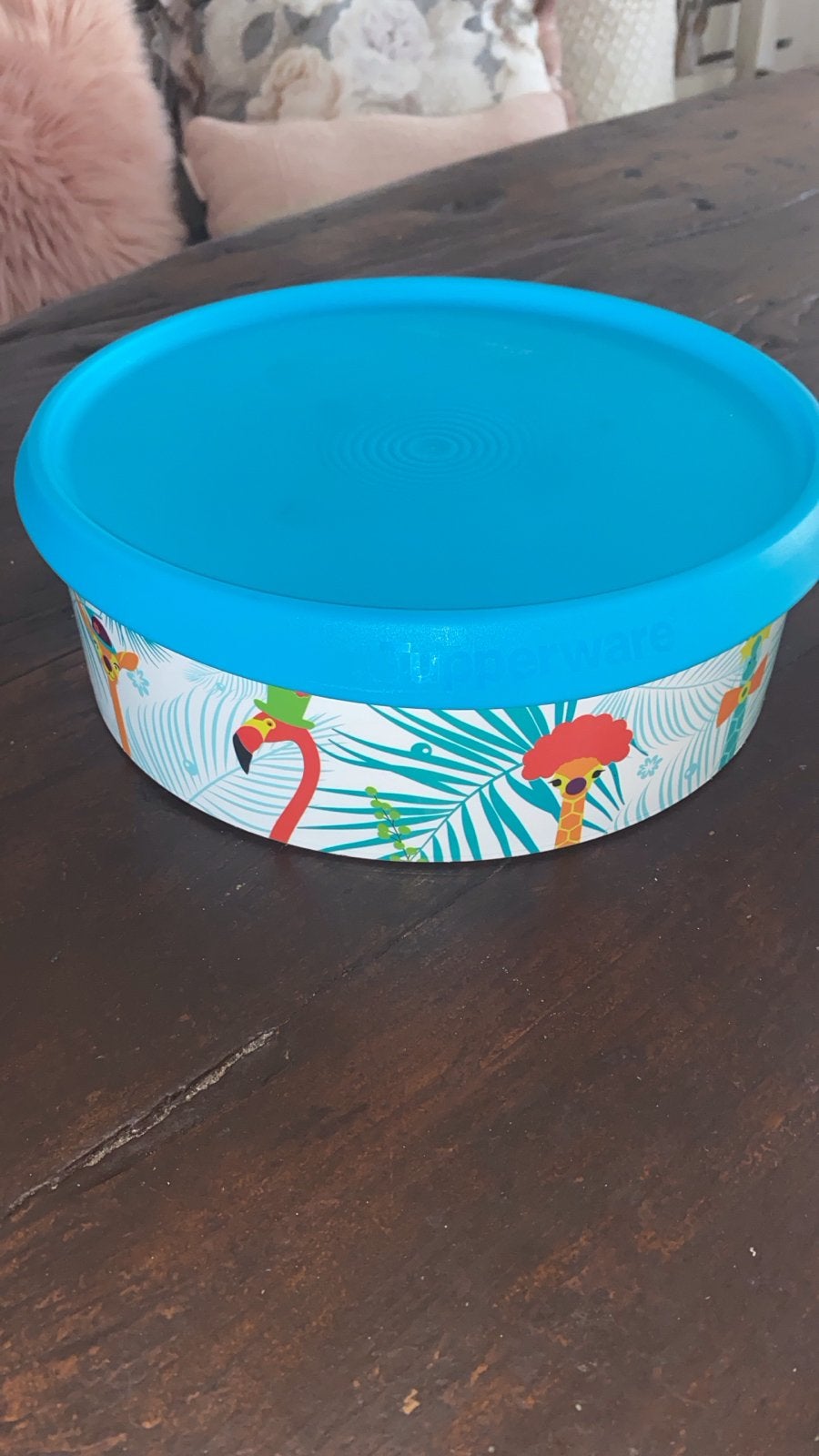 Tupperware Koekjes Trommel met Flamingo Design, Gebruikt, Blauw, Ophalen of Verzenden, Met deksel