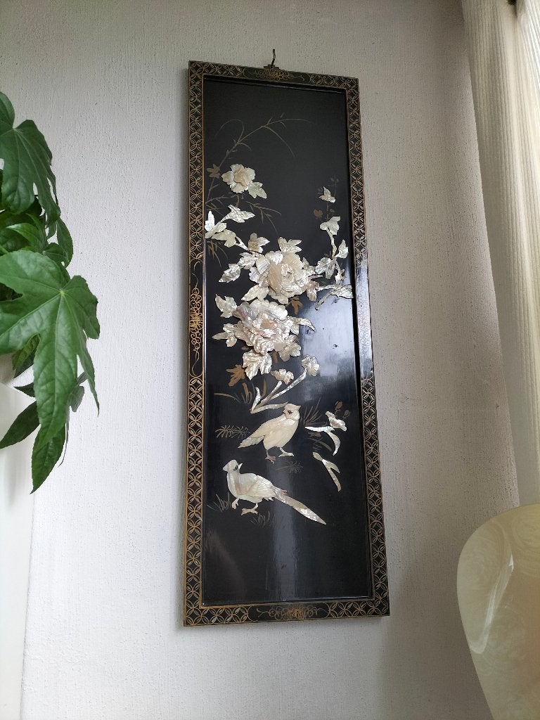 2 Vintage Chinese lakpanelen met parelmoer jaren 5o, Ophalen, Gebruikt, Oosters, 31 cm